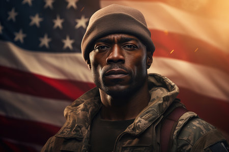 Patriot day, afro american soldier on usa flag background.の素材