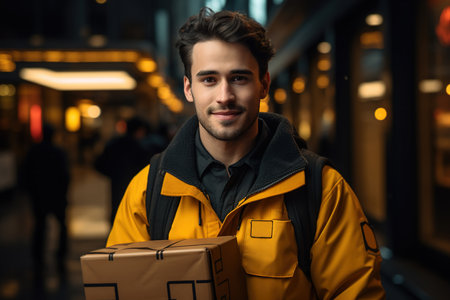 Young male courier, delivery man holding parcel box outdoors.の素材