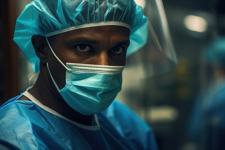 African American male surgeon in operating room, portrait of concentrated male doctor in hospital.の素材