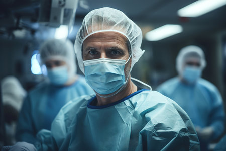 Portrait of caucasian male surgeon in medical mask in operating room, doctors assistants in hospital on surgery.の素材