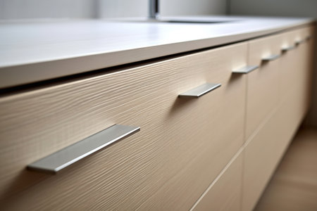 Close-up of kitchen or bathroom furniture, perspective drawers with handle minimalism design.の素材