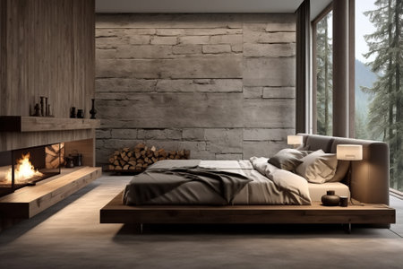 Bedroom decor, minimalism style. Bed and fireplace inside.の素材
