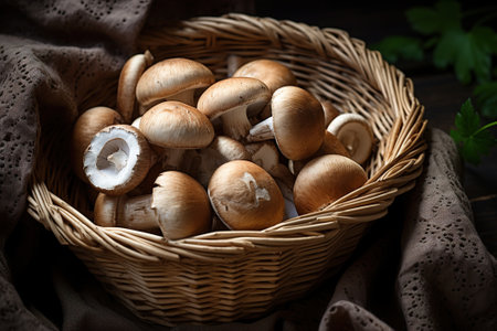 Edible porcini mushrooms in a wicker basket on fabric, top view food still life.の素材
