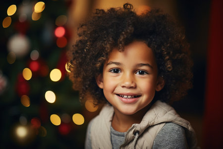 Smiling cute african american child in front of decorated Christmas tree garland indoors, xmas portrait.の素材