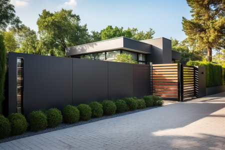 Modern minimalist panel fence with gate and house exterior, property protection.の素材