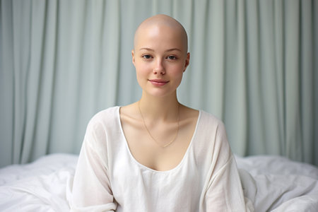 Chemotherapy, cute bald young woman suffering from infection or tumor sitting on bed in hospital room and looking at camera.の素材