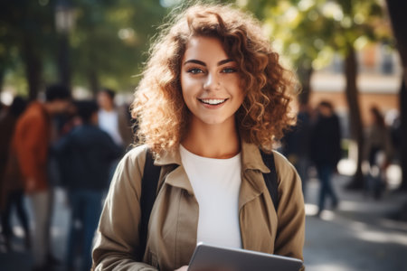 Studying in college, academic year, education concept. Positive curly pretty female student at university campus outside looking at camera.の素材