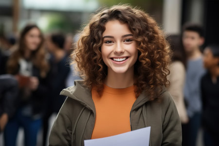 Studying in college, academic year, education concept. Smiling cheerful female student with notes outdoors looking at camera.の素材