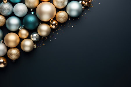 Christmas background with copy space. Top view Christmas tree decorations toys balls on a black surface with empty space for text.の素材