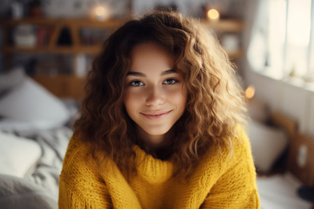 Cute smiling African American young woman in warm cozy knitted yellow sweater in living room looking at camera.の素材