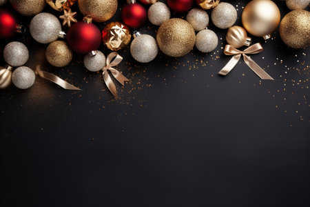 Top view of golden and red Christmas tree decorations balls on a dark surface with empty space for text. Festive, Christmas background with copyspace.の素材