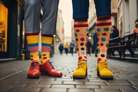 Odd socks day concept. Funny colored men's socks on feet outdoors, close-up.の素材