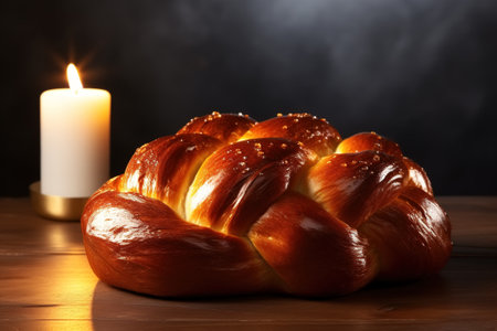 Close-up of Challah food Hanukkah bread decorated with grains and candle on the table, side view.の素材