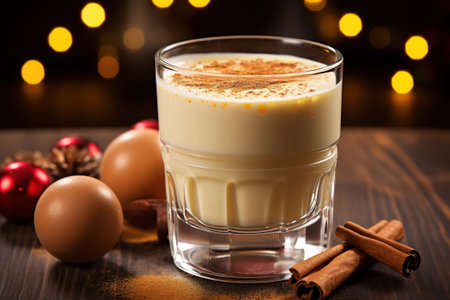 Traditional Christmas drink egg nog. Close-up of a sweet spiced drink in a glass, eggs and cinnamon on a table indoors.の素材