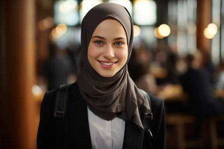 Portrait of beautiful smiling Muslim schoolgirl or student in hijab with backpack standing indoors and looking at camera.の素材