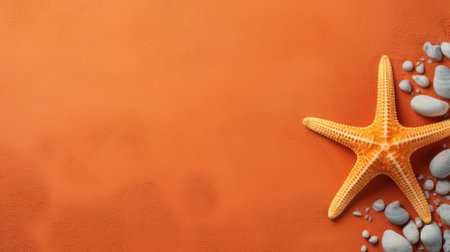 Marine banner with copy space, top view starfish with stones on an orange background.の素材