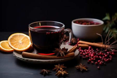 Red wine boiled with spices, warming drink in a glass with ingredients indoors.の素材