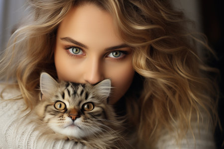 Beautiful young woman in warm sweater hugging cute fluffy cat, owner with her pet indoors. Close-up, selective focus on animal.の素材