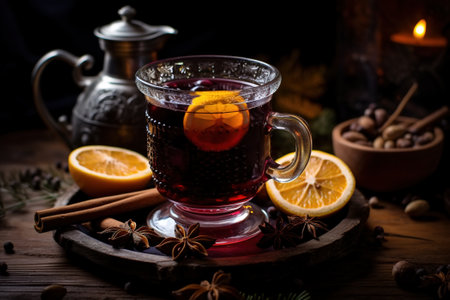 Mulled red wine boiled with spices, winter warming drink in glass with ingredients and kettle indoors.の素材