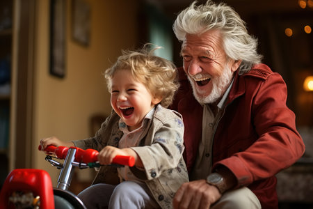 Cheerful childhood with grandfather. Laughing funny grandpa and grandson riding bicycle together in room.の素材