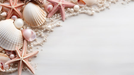 Top view white pearls, exotic seashells and starfish on white background, marine banner with copy space.の素材