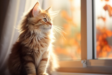 Cute red pet kitten sitting on windowsill indoors on sunny autumn day and looking out window.の素材