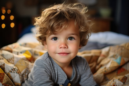 Cute little shaggy boy in pajamas sitting on bed in bedroom and looking at camera, child bedtime.の素材