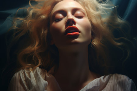 Top view of a seductive sensual blonde woman with closed eyes and red lipstick on her lips enjoying sex.の素材