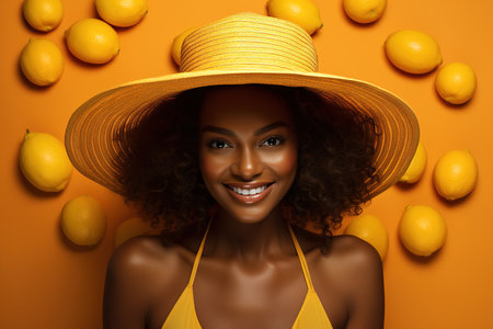 Pretty positive smiling afro american woman wearing straw hat and fruit lemons on background. Natural cosmetics, dermatology concept.の素材