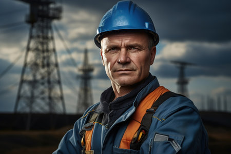 Electrical network engineer, portrait of a serious concentrated adult male electrician in a hard hat against background of power lines outdoors looking at camera.の素材