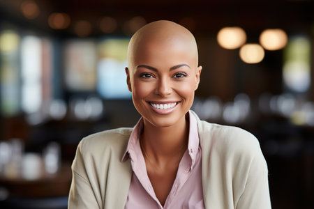 Portrait of smiling positive afro american bald woman in office or cafe and looking at camera, blurred backdrop.の素材