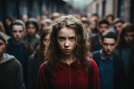 Crowd of serious children on street, caucasian girl with a briefcase looking at camera.の素材