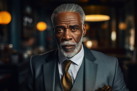 Lawyer or CEO. Portrait of an African American serious senior business man in a suit in an office looking at the camera.の素材