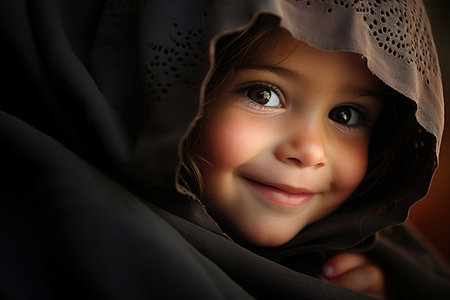 Portrait of a beautiful smiling child wrapped in fabric, peeking out little Caucasian girl with big eyes and cute smile.の素材