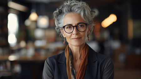 Business elegant stylish elderly woman with gray hairstyle wearing glasses and looking at camera indoors. Female senior portrait, executive or entrepreneur.の素材
