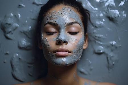 Women's cosmetology, skin care, spa concept. Top view of a beautiful woman model with closed eyes with makeup on her face lying in a liquid bath.の素材