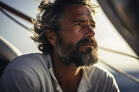 Middle-aged bearded man on a yacht looking away. Sailing, travel.の素材