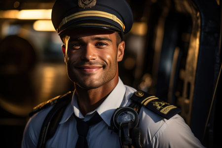 Portrait of a smiling beautiful pilot inside an airplane looking at camera.の素材