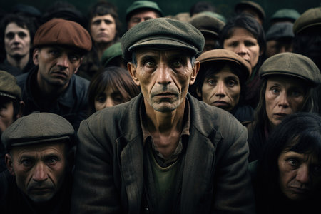 Crowd of refugees, poor sad homeless unemployed people migrants looking at camera. Social problems, emigration concept.の素材