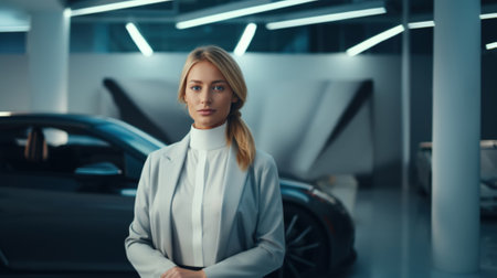 Businesswoman driver in white suit standing against background of luxury car in underground parking lot.の素材