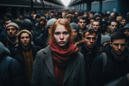 Rush hour, a crowd of sad people on the platform. Portrait of a melancholy woman in outerwear in a group of people.の素材