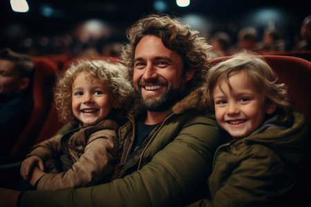 Happy father hugging his children in cinema, family joint entertainment vacation.の素材