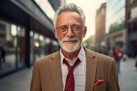 Business senior man gentleman in a stylish suit and glasses on a city street looking at the camera, front view.の素材
