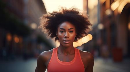 Sports and outdoor training, afro american woman athlete in a tank top running on the street in the city.の素材