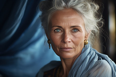 Senior femininity, portrait of an elderly beautiful experienced woman with gray hair on a blue fabric background looking at camera.の素材