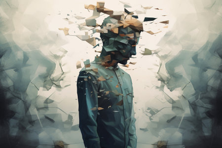 Psychological problem, mental disorder, depression art concept. Illustration of a man's silhouette destroying an identity particle.の素材