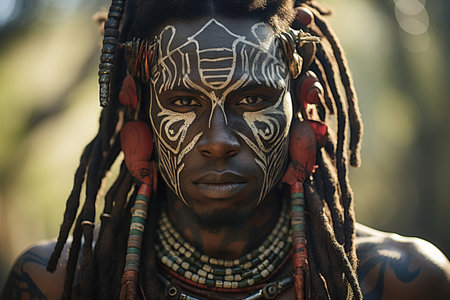 Portrait of a handsome strong adult serious African tribe man with traditional face paint and dreadlocks looking at camera, outdoors.の素材