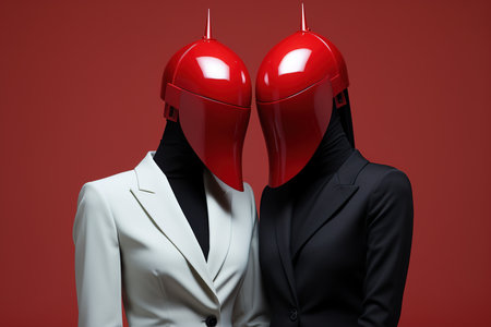 Faceless postmodernism portrait, fetish fashion glamor. Two unrecognizable people in suits with red helmets.の素材