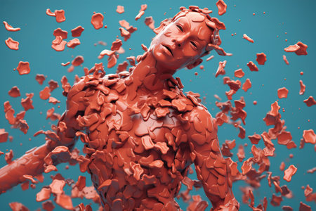 Body pain, blood disease abstract concept. Red sculpture of a man flying apart.の素材