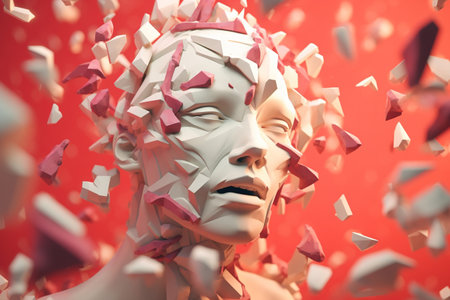 Pain, headache illustration concept. Fragmentary, destroyed human head with open mouth.の素材